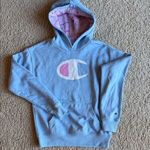 Champion Hoodie Pastel Blue with Pink Logo and Lined Hood